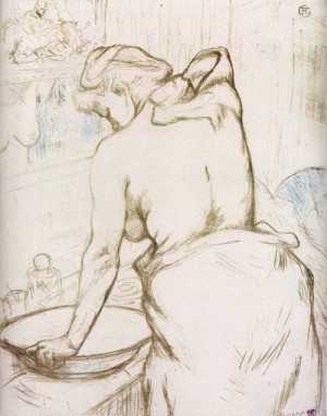 Oil toulouse lautrec, henri de Painting - Elles Woman at Her Toilette Washing Herself 1896 by Toulouse Lautrec, Henri de