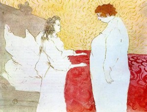 Oil toulouse lautrec, henri de Painting - Elles Woman in Bed Profile Getting Up 1896 by Toulouse Lautrec, Henri de