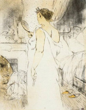 Oil toulouse lautrec, henri de Painting - Elles Woman Looking into a Hand Held Mirror 1896 by Toulouse Lautrec, Henri de