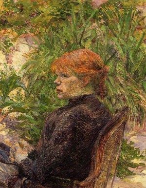 Oil red Painting - Red Haired Woman Seated in the Garden of M. Forest 1889 by Toulouse Lautrec, Henri de