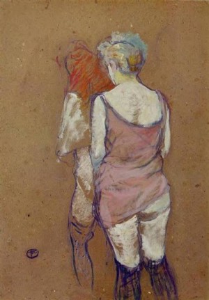 Oil toulouse lautrec, henri de Painting - Two Half-Naked Women Seen from Behind in the Rue des Moulins Brothel 1894 by Toulouse Lautrec, Henri de