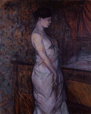 Oil woman Painting - Woman in a Chemise Standing by a Bed (aka Madame Poupoule) 1899 by Toulouse Lautrec, Henri de