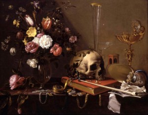 Oil utrecht, adriaen van Painting - Vanitas Still-Life with a Bouquet and a Skull     c. 1642 by Utrecht, Adriaen van