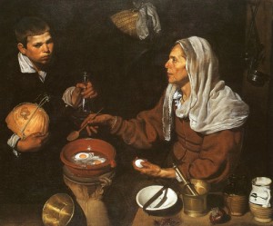 Oil woman Painting - An Old Woman Cooking Eggs,  1618 by Velazquez, Diego