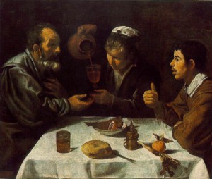 Oil velazquez, diego Painting - Peasants at the Table (El Almuerzo)     c. 1620 by Velazquez, Diego