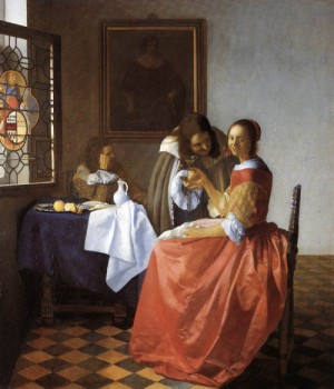 Oil vermeer van delft, jan Painting - A Lady and Two Gentlemen     c. 1659 by Vermeer Van delft, Jan