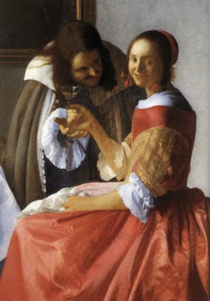 Oil vermeer van delft, jan Painting - A Lady and Two Gentlemen (detail)    c. 1659 by Vermeer Van delft, Jan