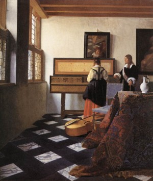 Oil the Painting - A Lady at the Virginals with a Gentleman     1662-65 by Vermeer Van delft, Jan