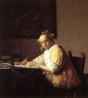 Oil vermeer van delft, jan Painting - A Lady Writing a Letter    1665-66 by Vermeer Van delft, Jan