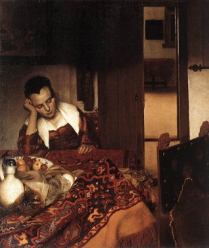 Oil vermeer van delft, jan Painting - A Woman Asleep at Table    c. 1657 by Vermeer Van delft, Jan