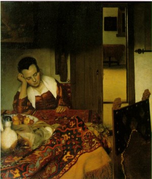 Oil vermeer van delft, jan Painting - A Woman Asleep  c.1657 by Vermeer Van delft, Jan
