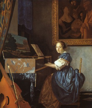 Oil vermeer van delft, jan Painting - A Young Woman Seated at a Virginal, 1673-75 by Vermeer Van delft, Jan