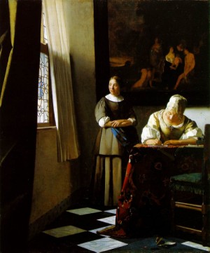 Oil people Painting - Lady Writing a Letter with Her Maid   c. 1670-72 by Vermeer Van delft, Jan
