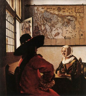Oil girl Painting - Officer with a Laughing Girl     c. 1657 by Vermeer Van delft, Jan