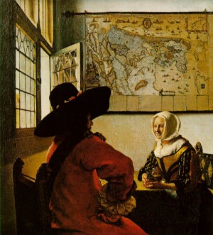 Oil vermeer van delft, jan Painting - Soldier and a Laughing Girl   c. 1658 by Vermeer Van delft, Jan