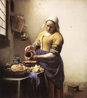 Oil the Painting - The Milkmaid     c. 1658 by Vermeer Van delft, Jan