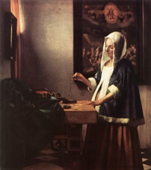 Oil woman Painting - Woman Holding a Balance     1662-63 by Vermeer Van delft, Jan