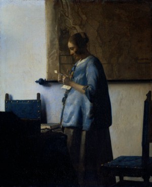 Oil vermeer van delft, jan Painting - Woman in Blue Reading a Letter    c. 1662-63 by Vermeer Van delft, Jan