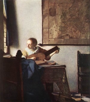 Oil woman Painting - Woman with a Lute near a Window     c. 1663 by Vermeer Van delft, Jan