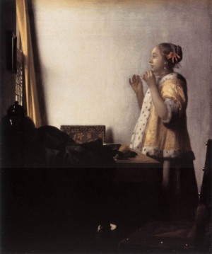 Oil vermeer van delft, jan Painting - Woman with a Pearl Necklace     1662-64 by Vermeer Van delft, Jan