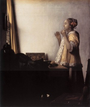  Photograph - Woman with a Pearl Necklace     1662-64 by Vermeer Van delft, Jan