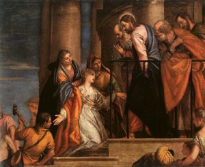 Oil woman Painting - Christ and the Woman with the Issue of Blood, 1565-70 by Veronese, Paolo