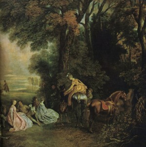 Oil people Painting - A Halt During the Chase     1720 by Watteau, Jean-Antoine