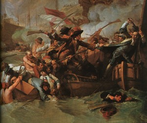 Oil people Painting - The Battle of La Hogue, detail, 1778 by West, Benjamin