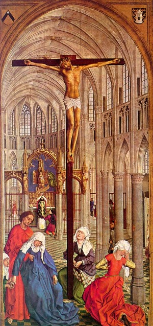 Oil people Painting - Crucifixion in a Church, 1445 by Weyden, Rogier van der