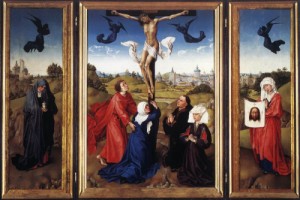 Oil people Painting - Crucifixion Triptych  c.1445 by Weyden, Rogier van der