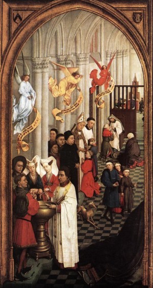 Oil weyden, rogier van der Painting - Seven Sacraments (left wing)    1445-50 by Weyden, Rogier van der