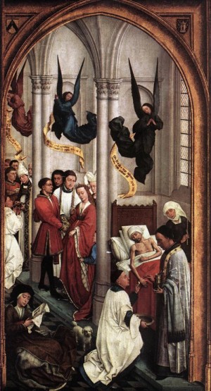 Oil weyden, rogier van der Painting - Seven Sacraments (right wing)    1445-50 by Weyden, Rogier van der