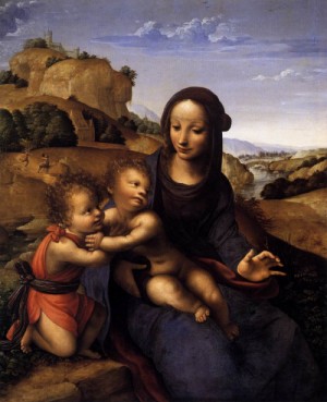 Oil yanez de la almedina,fernando Painting - Madonna and Child with Infant St John    c. 1505 by Yanez de La Almedina,Fernando