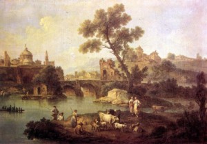 Oil zais, giuseppe Painting - Landscape with River and Bridge    c. 1740 by ZAIS, Giuseppe