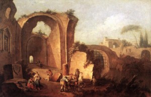 Oil landscape Painting - Landscape with Ruins and Archway     1730 by ZAIS, Giuseppe