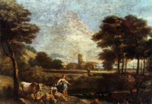 Oil landscape Painting - Landscape with Shepherds and Fishermen by ZAIS, Giuseppe