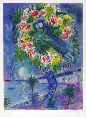 Oil abstract Painting - Couple and Fish, from Nice and The Cote d'Azur (1967) by Chagall Marc
