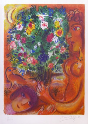 Oil woman Painting - Femme Au Bouquet (Woman With Bouquet) From Nice And The Cote D'azur (1967) by Chagall Marc