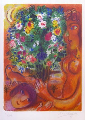 Oil abstract Painting - Femme Au Bouquet (Woman With Bouquet) From Nice And The Cote D'azur (1967) by Chagall Marc