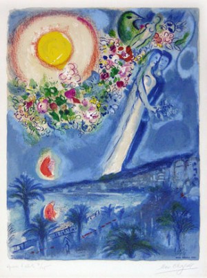 Oil abstract Painting - Fiances In The Sky At Nice, from Nice and The Cote d'Azur (1967) by Chagall Marc
