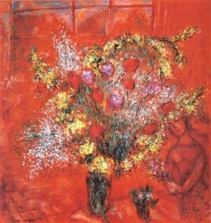 Oil abstract Painting - Fleurs Sur Fond Rouge, 1970 by Chagall Marc