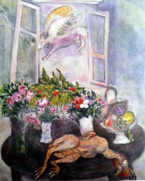Oil abstract Painting - Flowers and Fowl,1929 by Chagall Marc