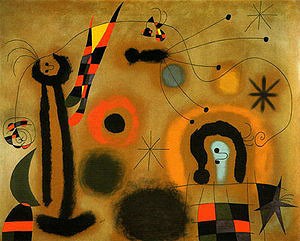 Oil abstract Painting - Dragonfly with Red-Tipped Wing in Pursuit of a Surpent Spiralling Toward a Comet, 1951 by Miro Joan