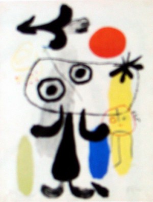 Oil abstract Painting - Figure with a Red Sun,II 1950 by Miro Joan
