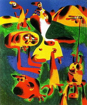 Oil Abstract Painting - Figures and Mountains, 1936 by Miro Joan