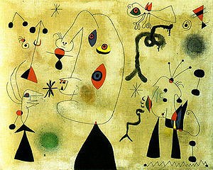 Oil abstract Painting - Figures, Birds, Stars, 1-3-1946 by Miro Joan