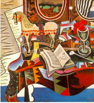Oil abstract Painting - Horse, Pipe, and Red Flower (Cavall, pipa i flor vermella)  1920 by Miro Joan