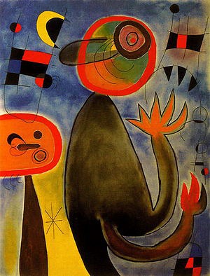 Oil blue Painting - Ladders Cross the Blue Sky in a Wheel of Fire, 1953 by Miro Joan