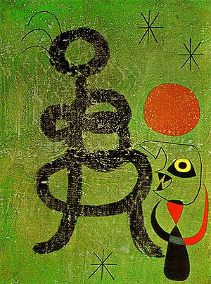 Oil woman Painting - Woman and Bird in Front of the Sun, 1944 by Miro Joan