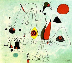 Oil abstract Painting - Women and Birds at Sunrise, 14-2-1946 by Miro Joan